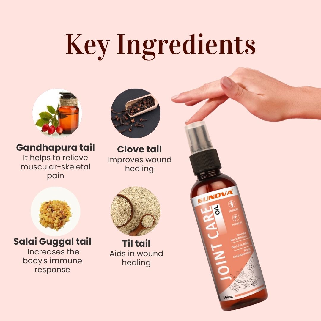 Sunova Joint Care Oil bottle placed on wooden table
