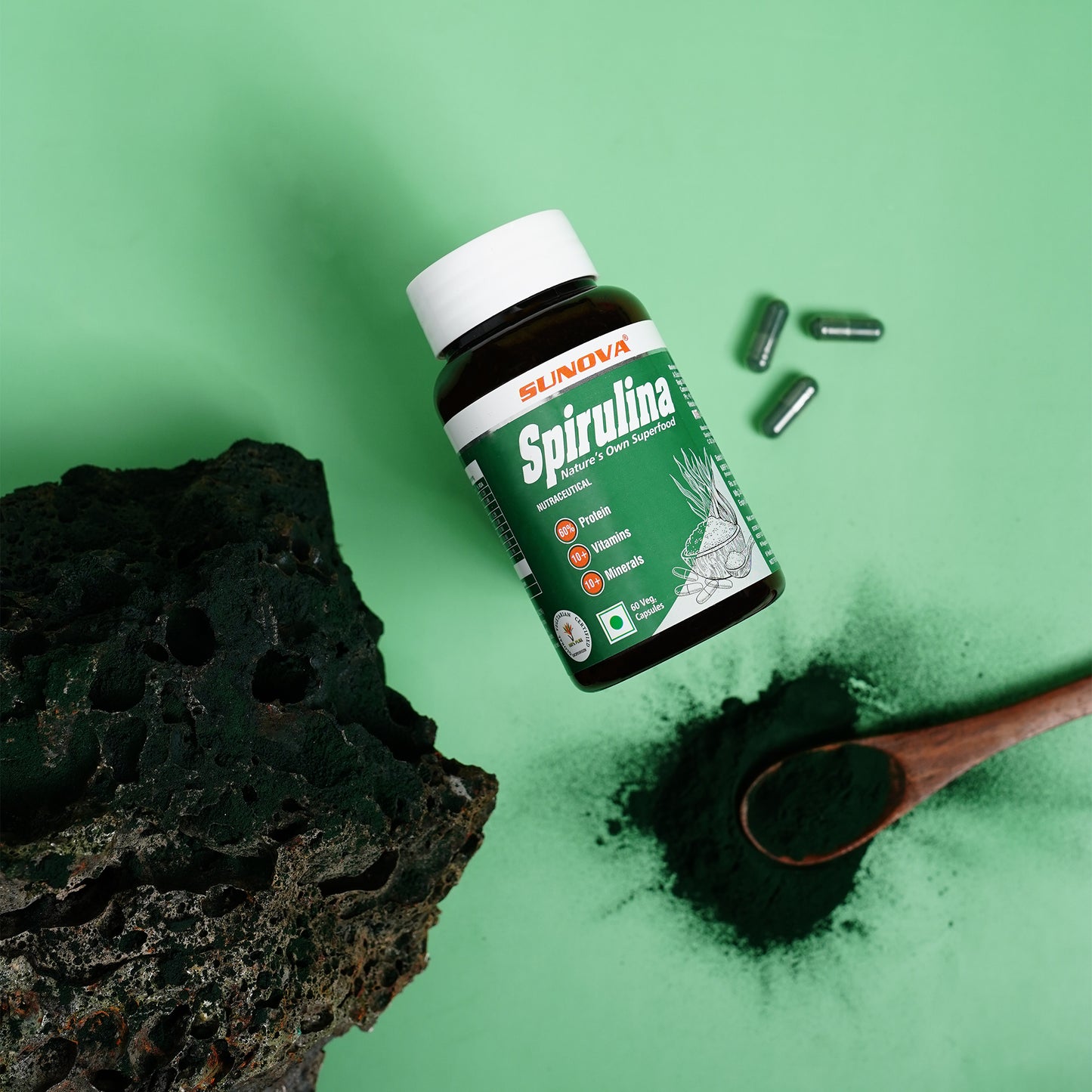Top view of Spirulina Capsules container