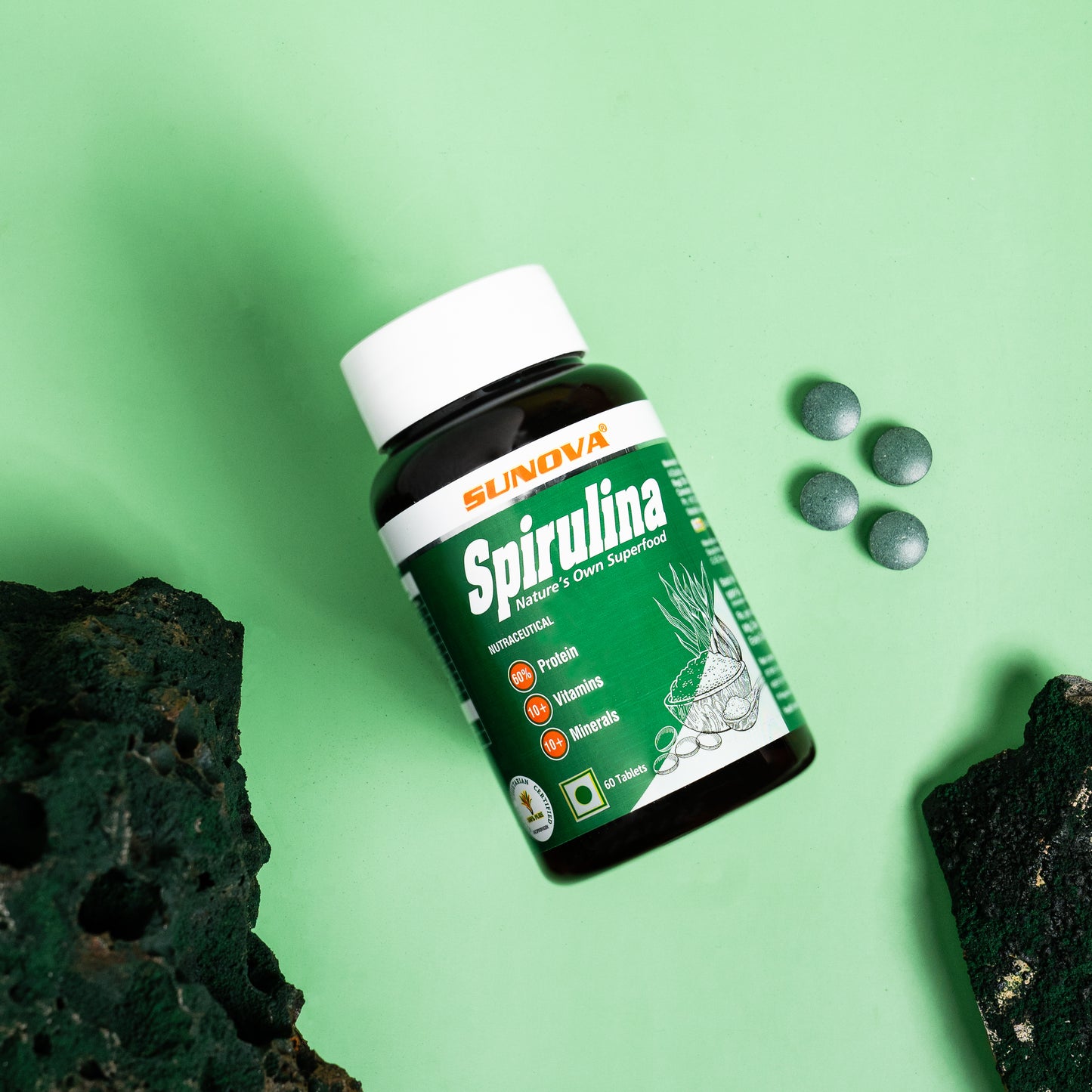 Top view of Spirulina bottle with cap