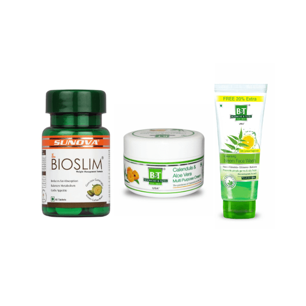 Sunova BioSlim Capsules, B&T Calendula Skin Care Cream & Neem Face Wash Combo Pack